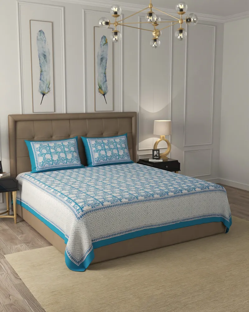Teal Trellis Buti Bedsheet: Hero