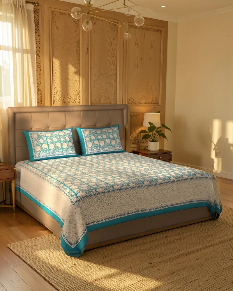 Teal Trellis Buti Bedsheet: In a room