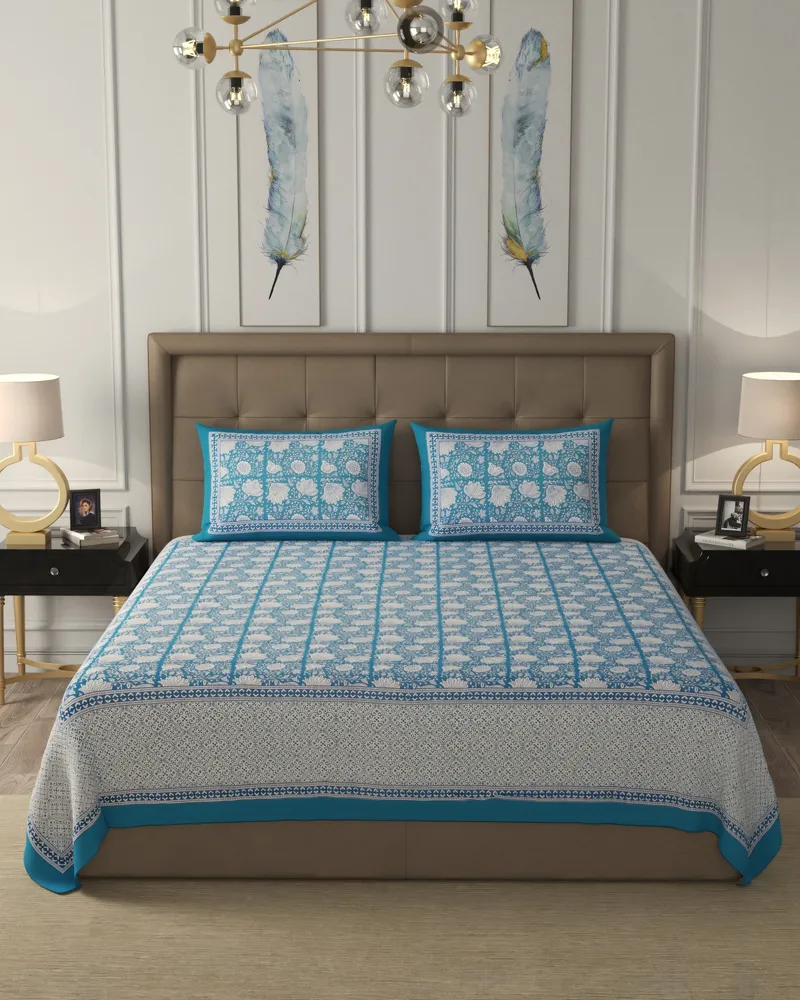 Teal Trellis Buti Bedsheet: Front view