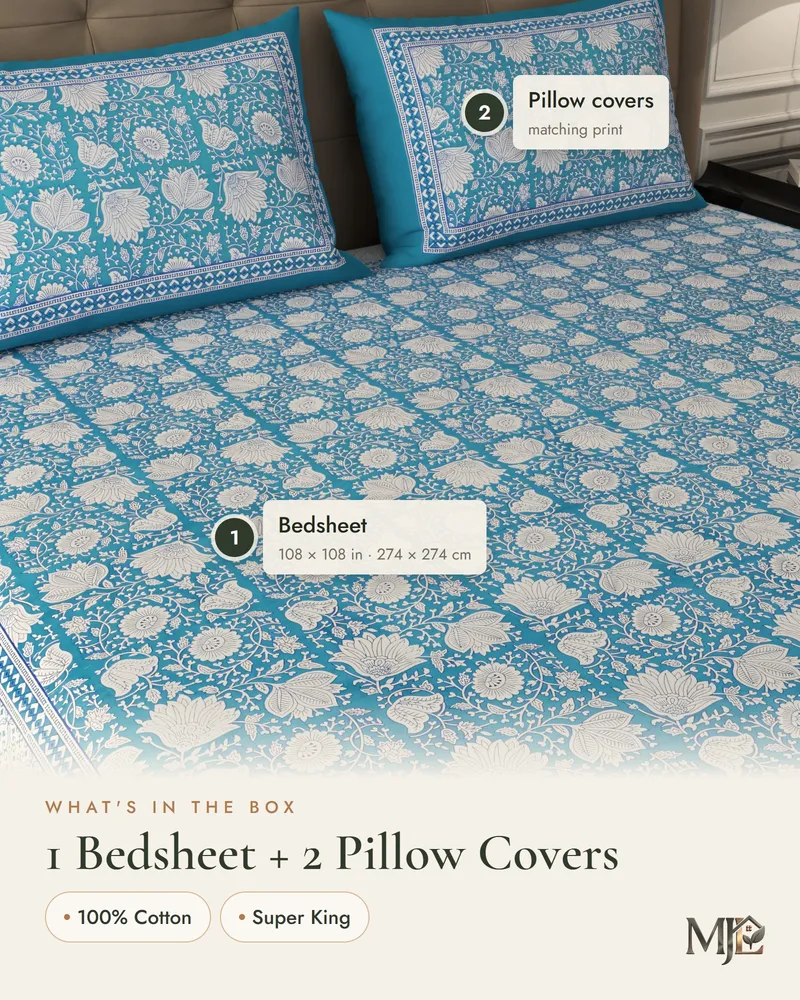 Teal Trellis Buti Bedsheet: What is in the set