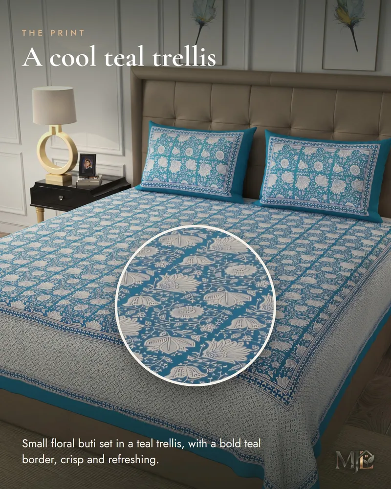 Teal Trellis Buti Bedsheet: Print close-up