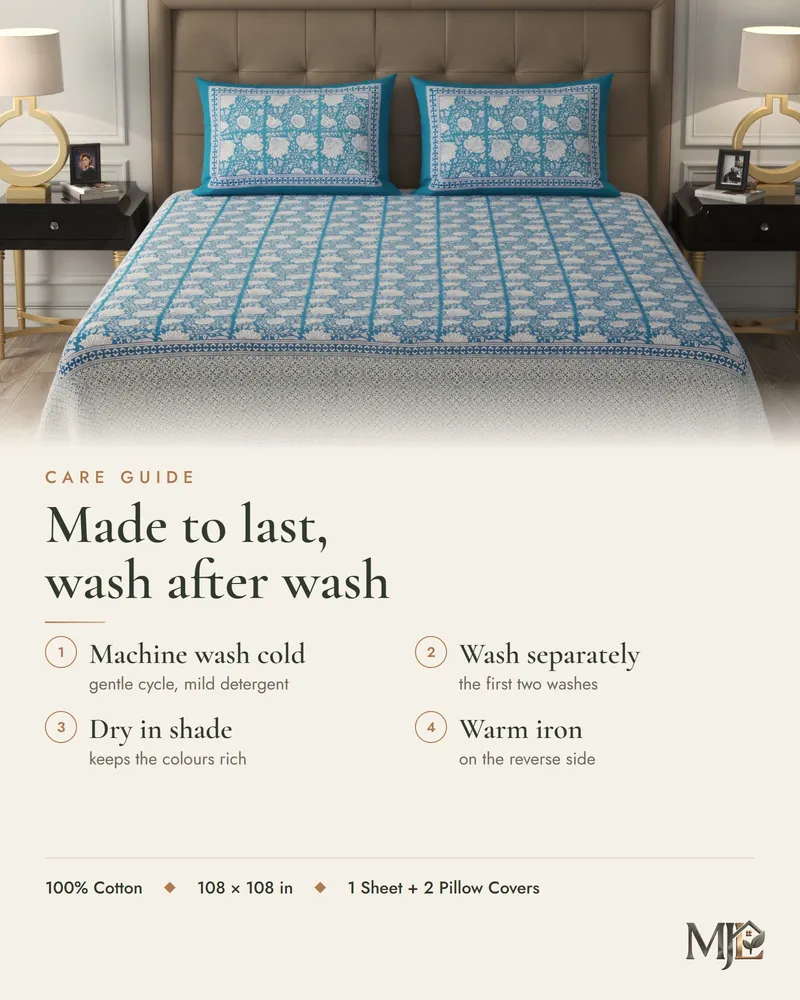 Care guide for Teal Trellis Buti Bedsheet