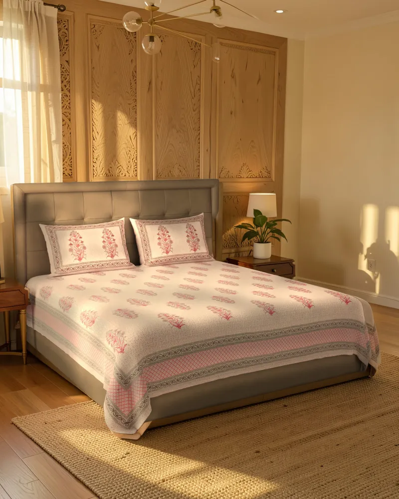 Blush Pink Buta Bedsheet: In a room