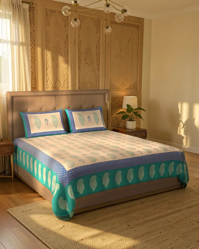 Mint Paisley Border Bedsheet: In a room