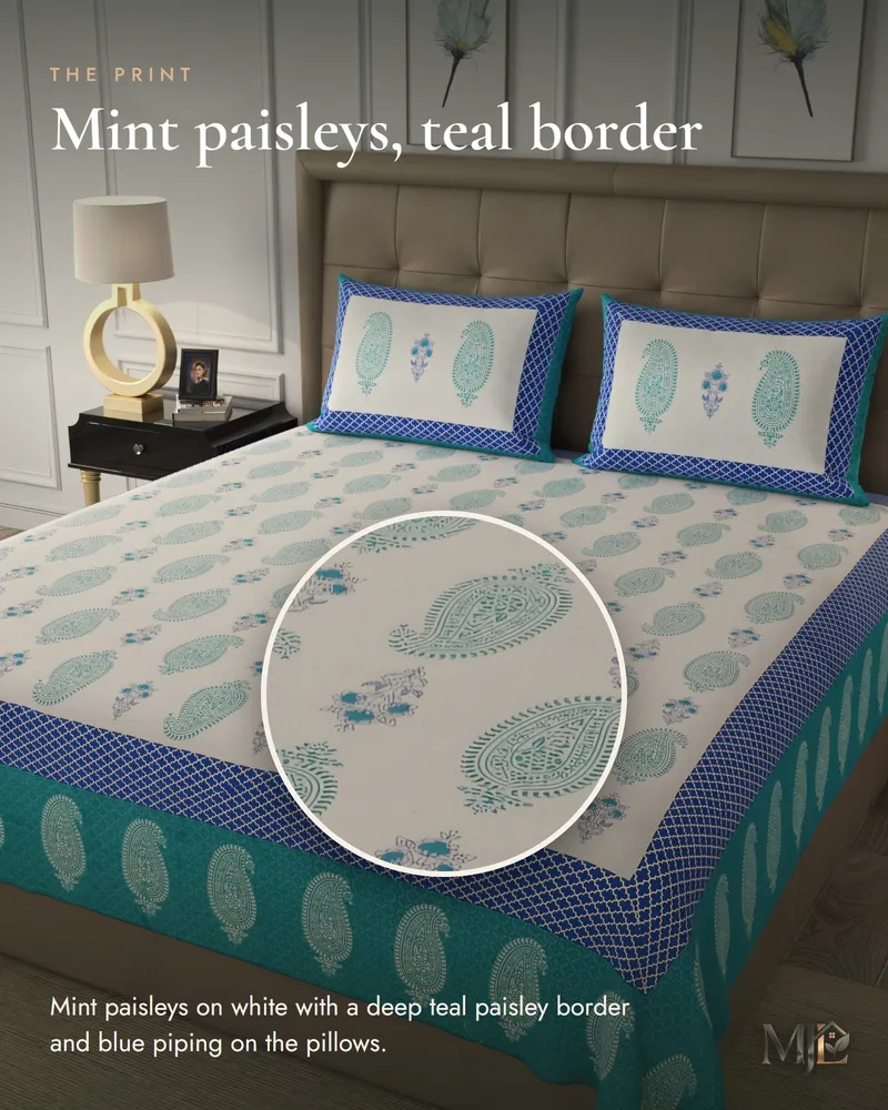 Mint Paisley Border Bedsheet: Print close-up
