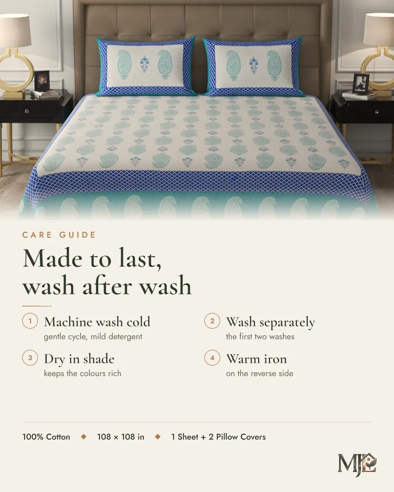 Care guide for Mint Paisley Border Bedsheet