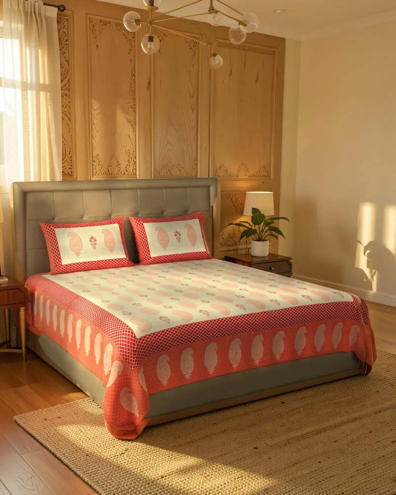 Coral Paisley Border Bedsheet: In a room