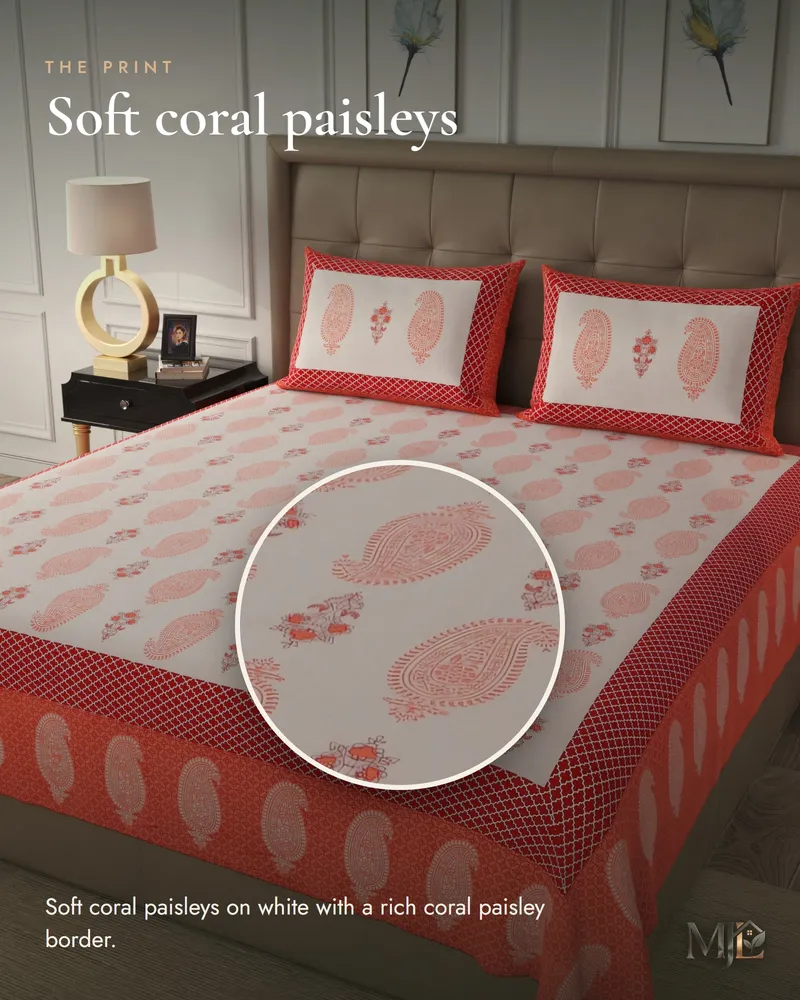 Coral Paisley Border Bedsheet: Print close-up