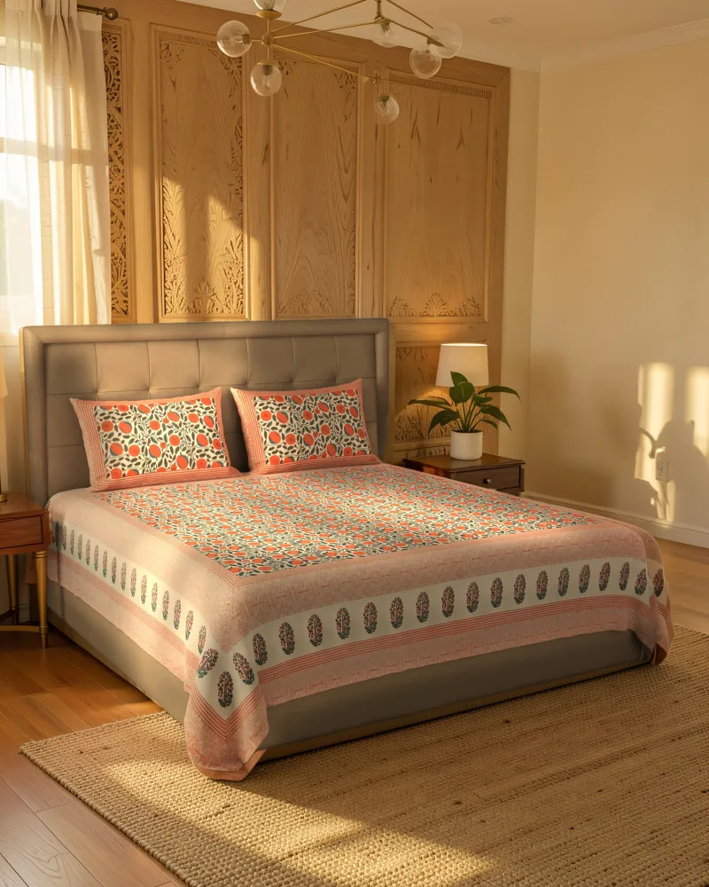 Coral Floral Jaal Bedsheet: In a room