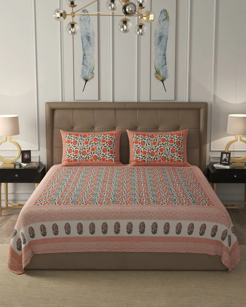 Coral Floral Jaal Bedsheet: Front view