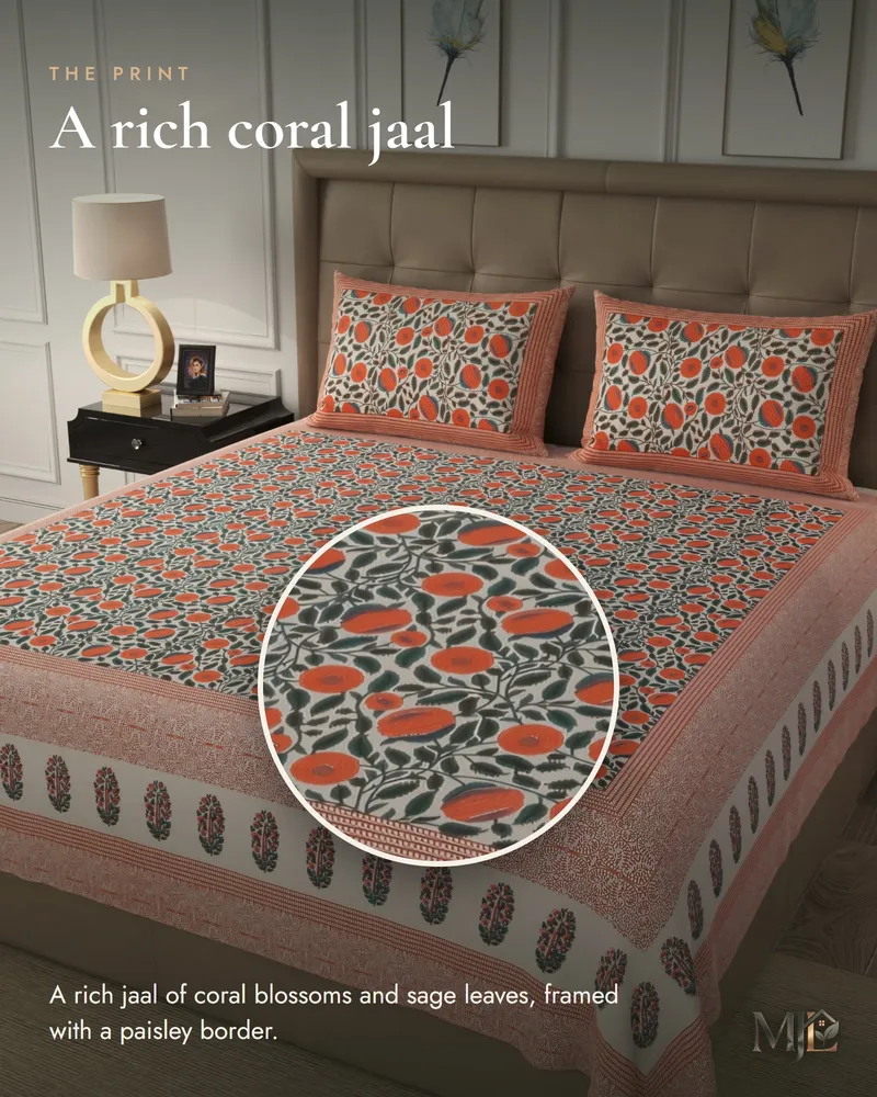 Coral Floral Jaal Bedsheet: Print close-up