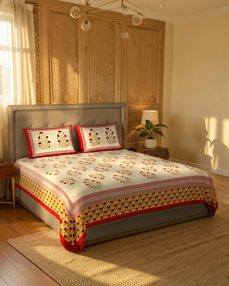 Heritage Red & Saffron Bedsheet: In a room