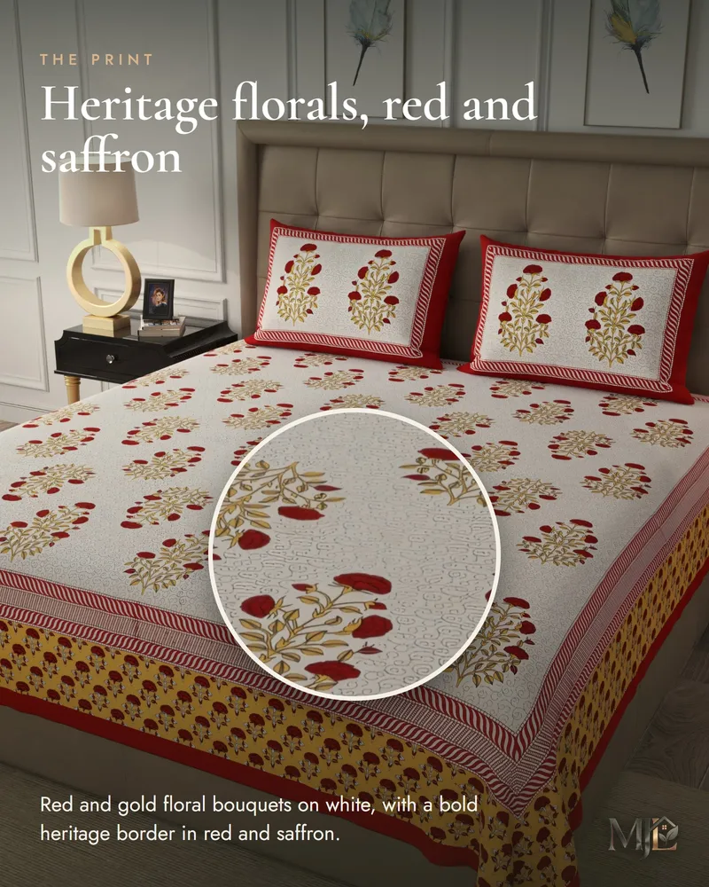 Heritage Red & Saffron Bedsheet: Print close-up