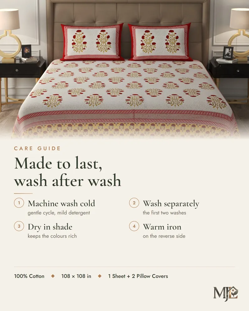 Care guide for Heritage Red & Saffron Bedsheet