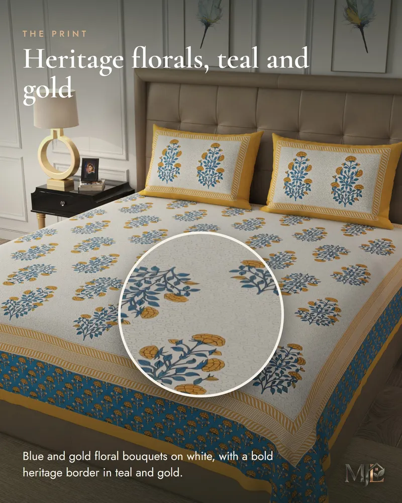Heritage Teal & Gold Bedsheet: Print close-up