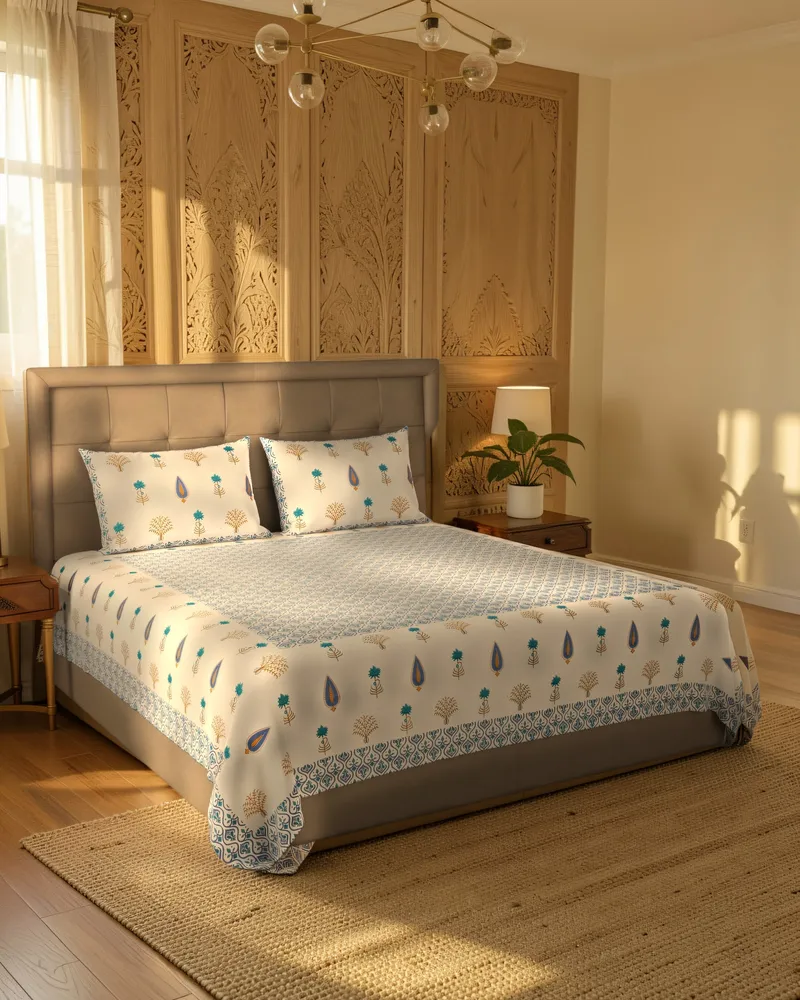 Blue Ogee Garden Bedsheet: In a room