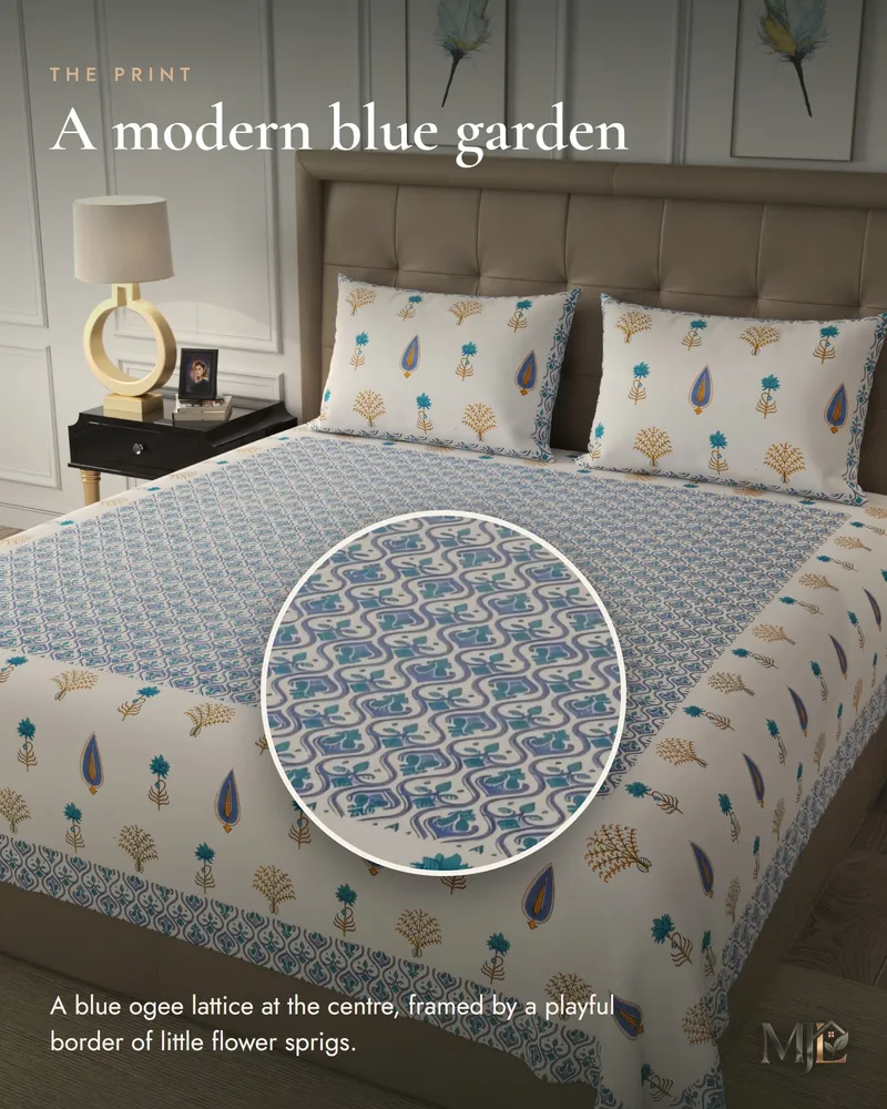 Blue Ogee Garden Bedsheet: Print close-up