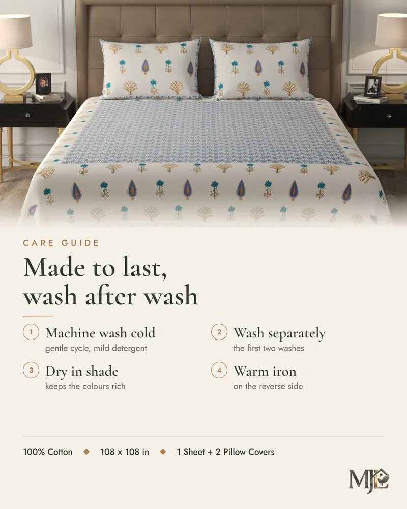 Blue Ogee Garden Bedsheet: Care