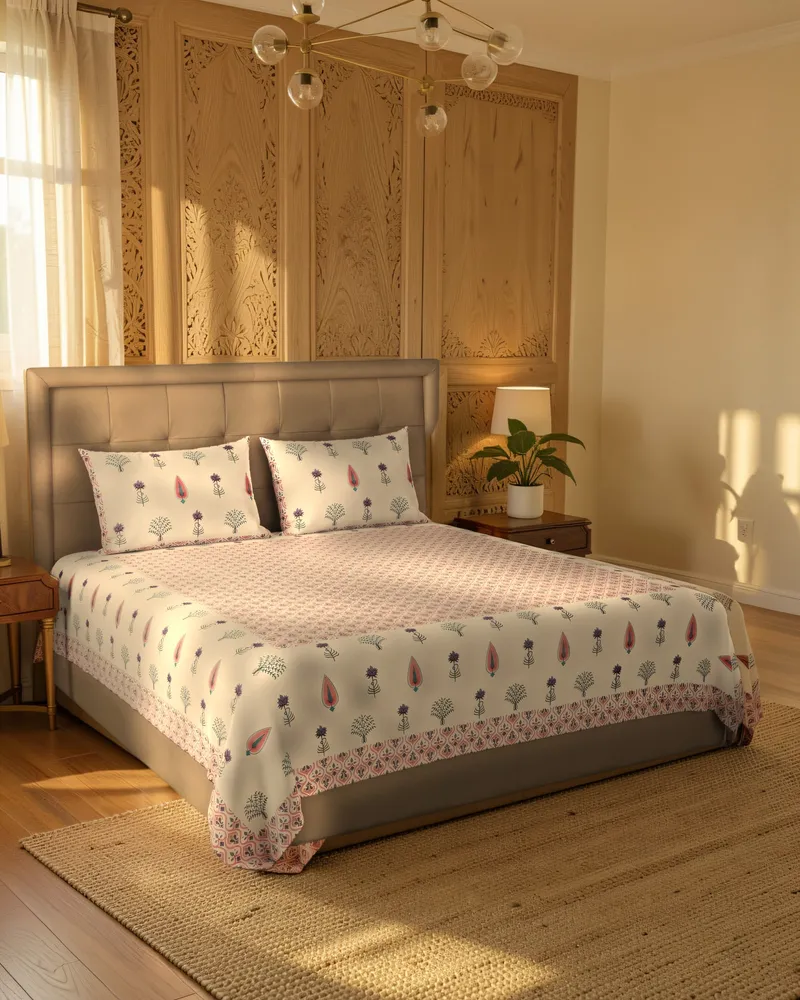 Pink Ogee Garden Bedsheet: In a room