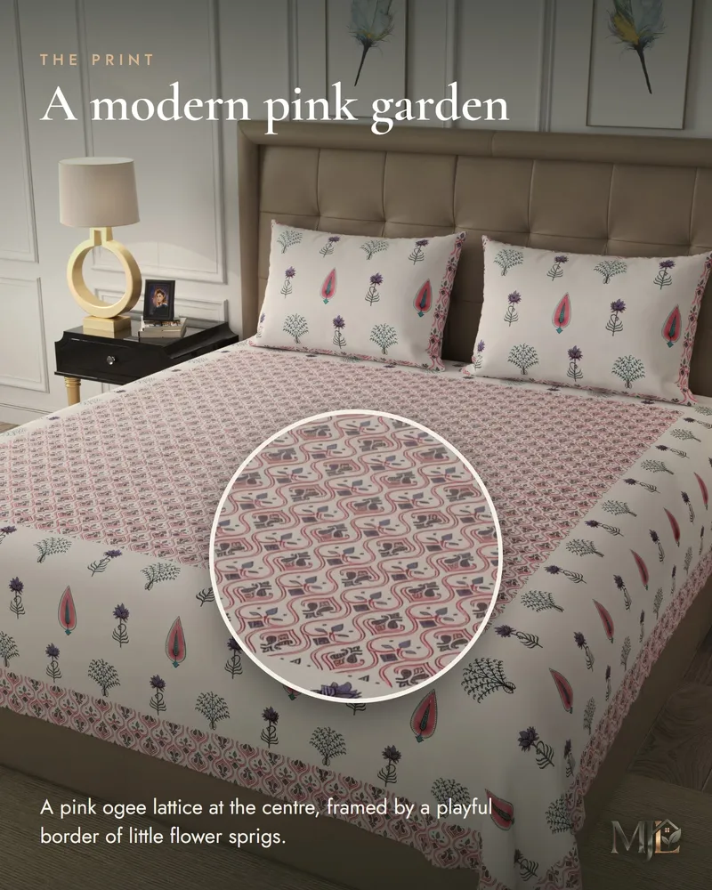 Pink Ogee Garden Bedsheet: Print close-up