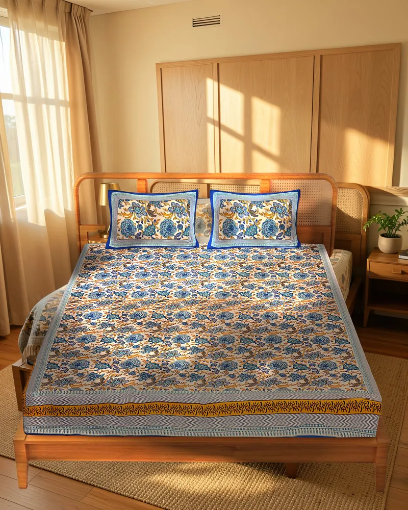Blue Garden Bloom Bedsheet: In a room