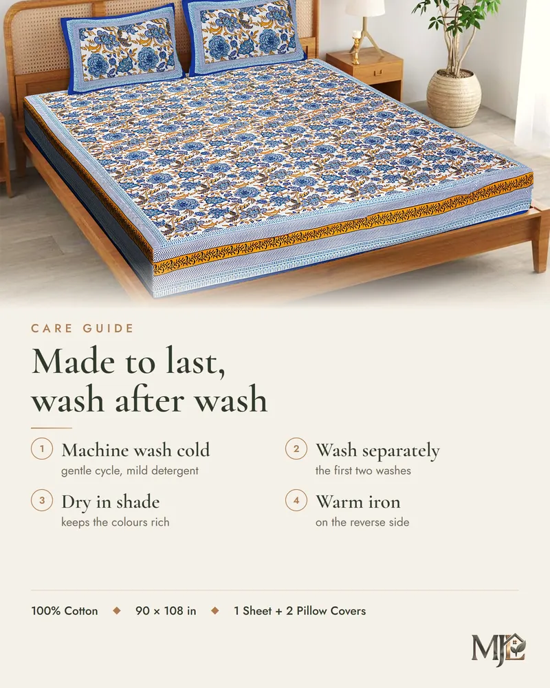 Care guide for Blue Garden Bloom Bedsheet