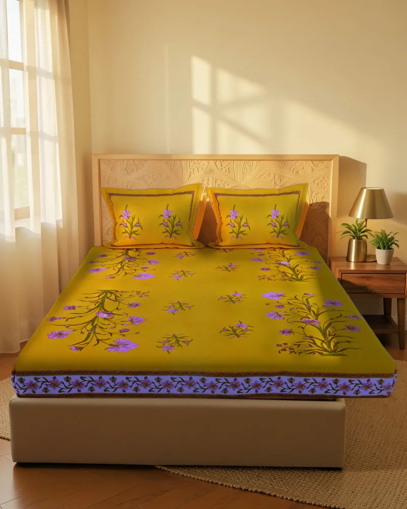 Mustard Botanical Sprig Bedsheet: In a room