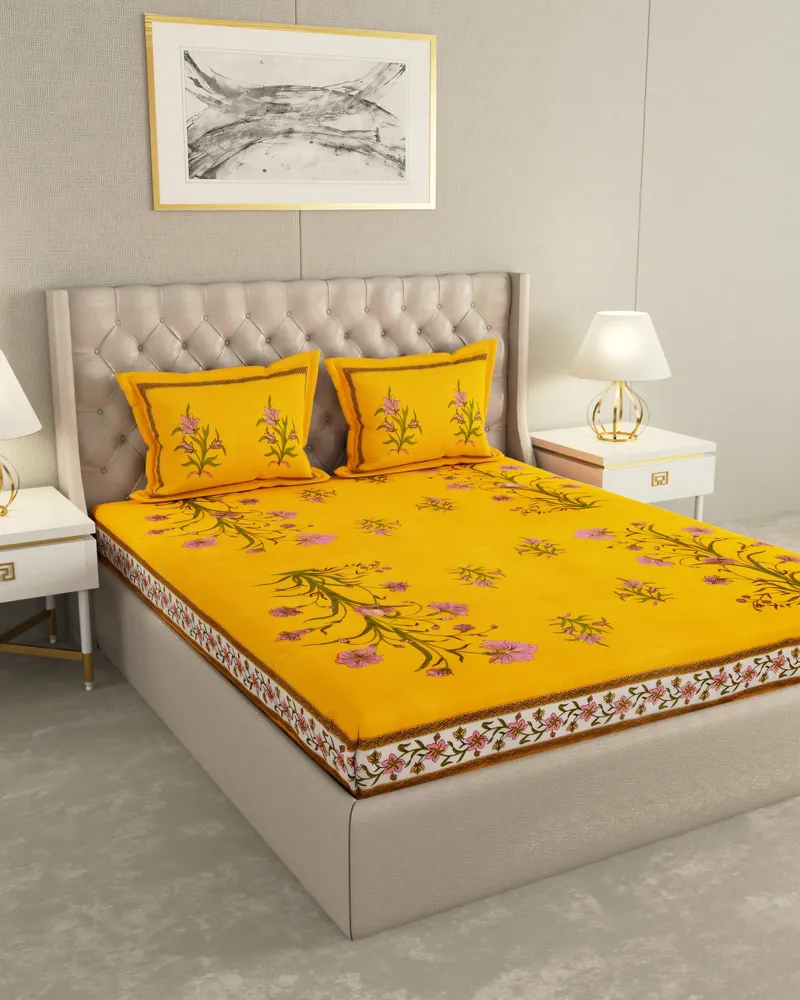 Mustard Botanical Sprig Bedsheet: Front view