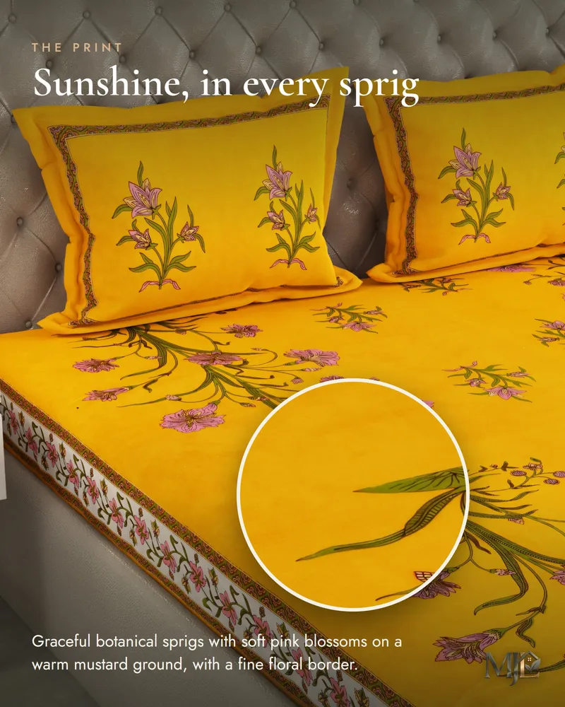 Mustard Botanical Sprig Bedsheet: Print close-up