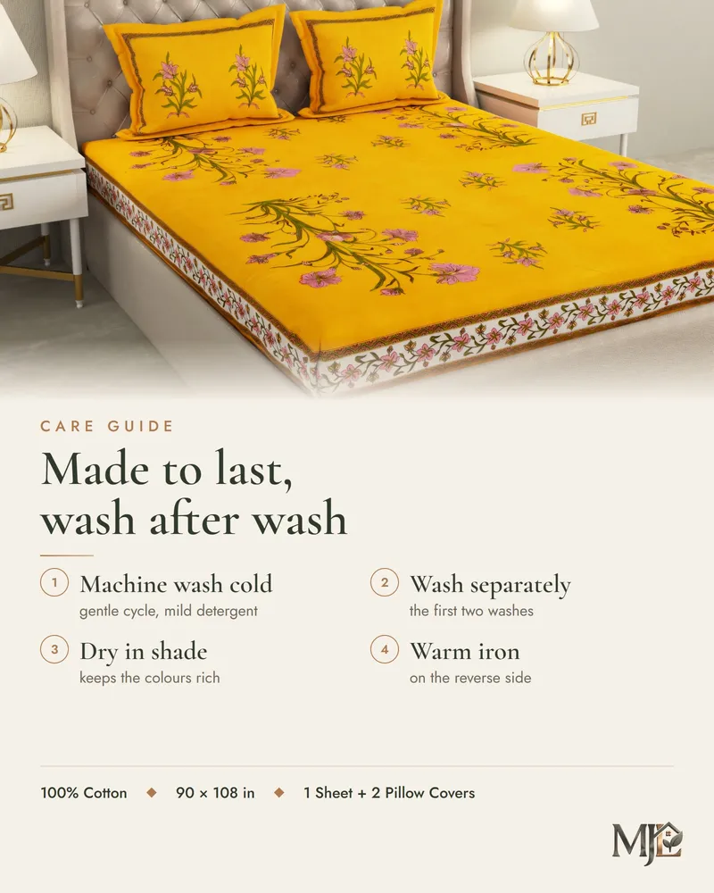 Care guide for Mustard Botanical Sprig Bedsheet