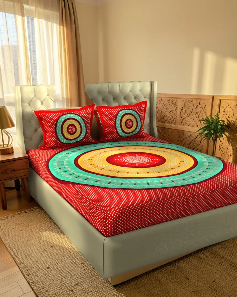 Red Mandala Bandhani Bedsheet: In a room