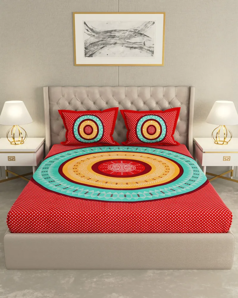 Red Mandala Bandhani Bedsheet: Front view