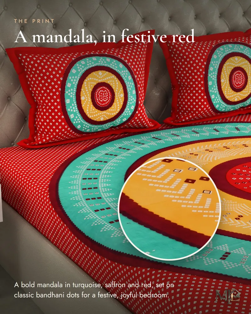 Red Mandala Bandhani Bedsheet: Print close-up