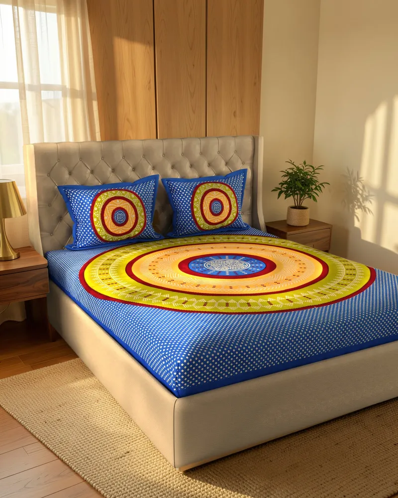 Blue Mandala Bandhani Bedsheet: In a room