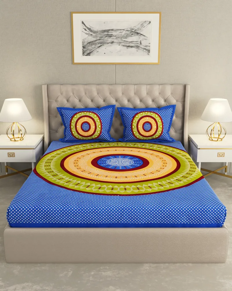 Blue Mandala Bandhani Bedsheet: Front view