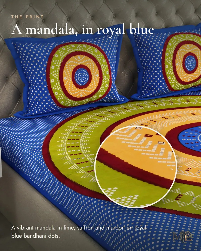 Blue Mandala Bandhani Bedsheet: Print close-up