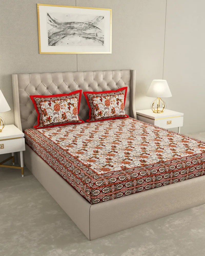 Rust Red Floral Jaal Bedsheet: Hero