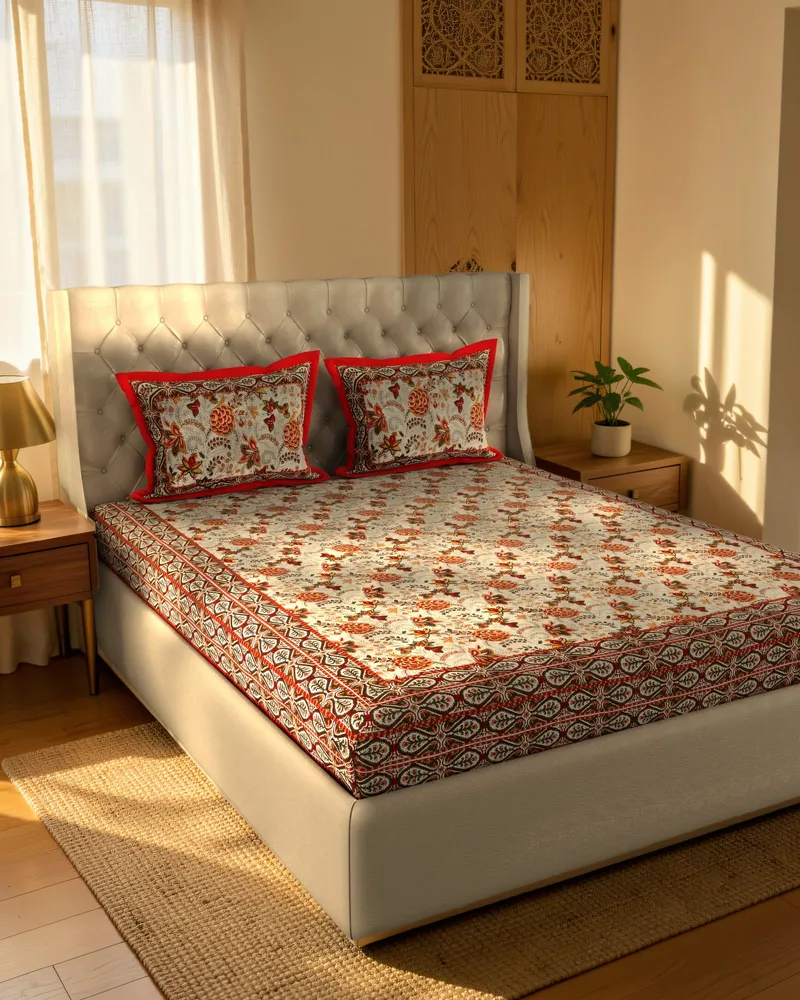 Rust Red Floral Jaal Bedsheet: In a room