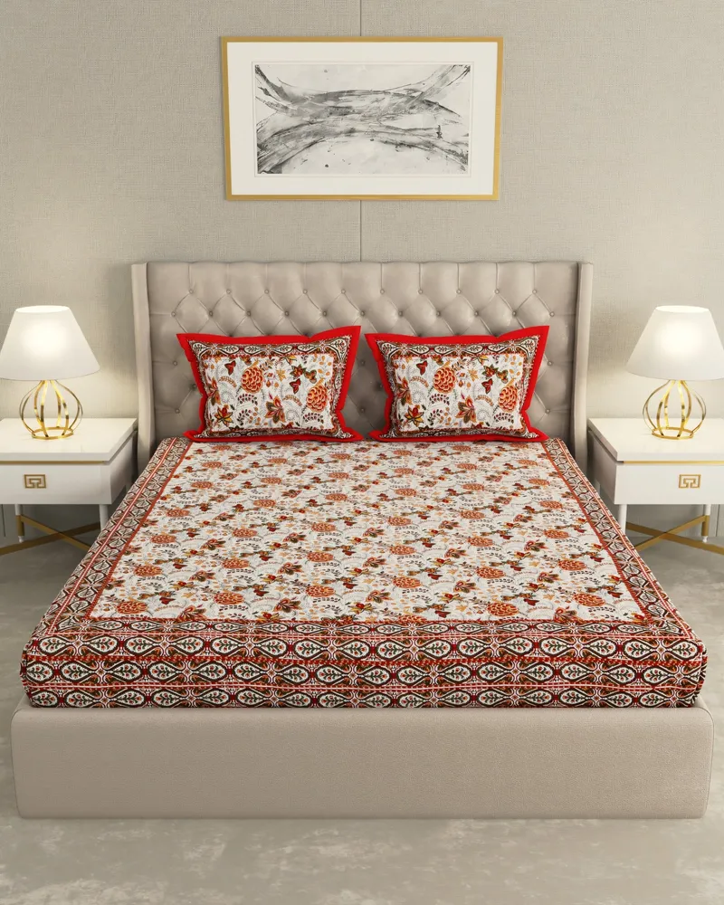 Rust Red Floral Jaal Bedsheet: Front view