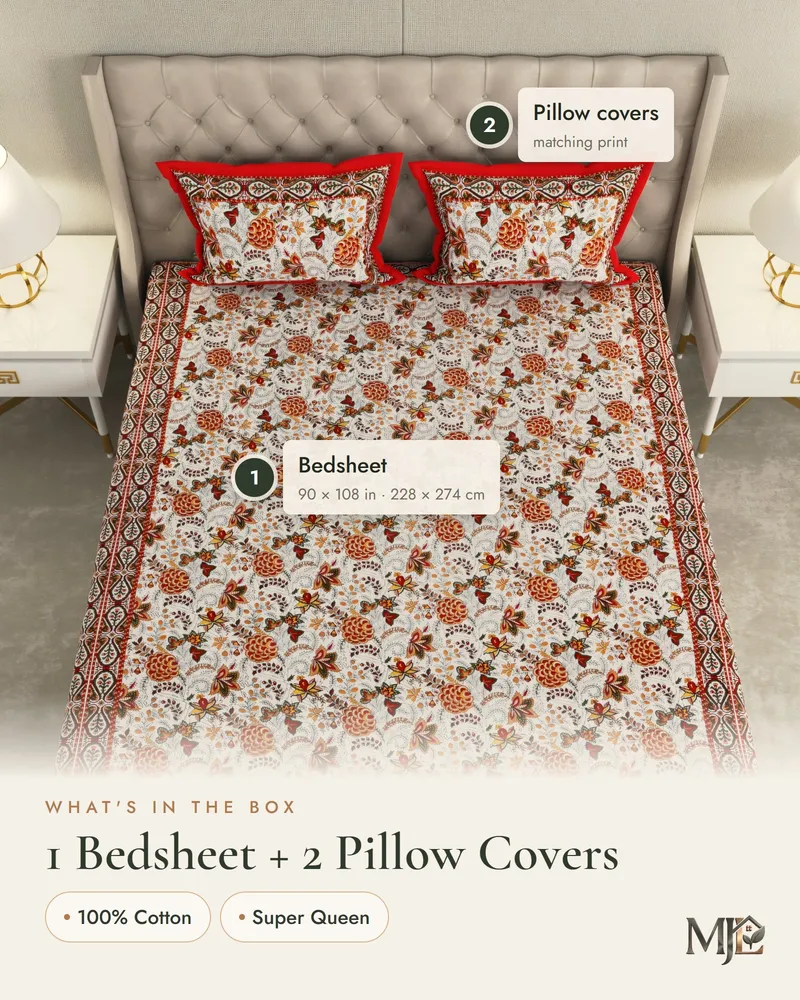 Rust Red Floral Jaal Bedsheet: What is in the set