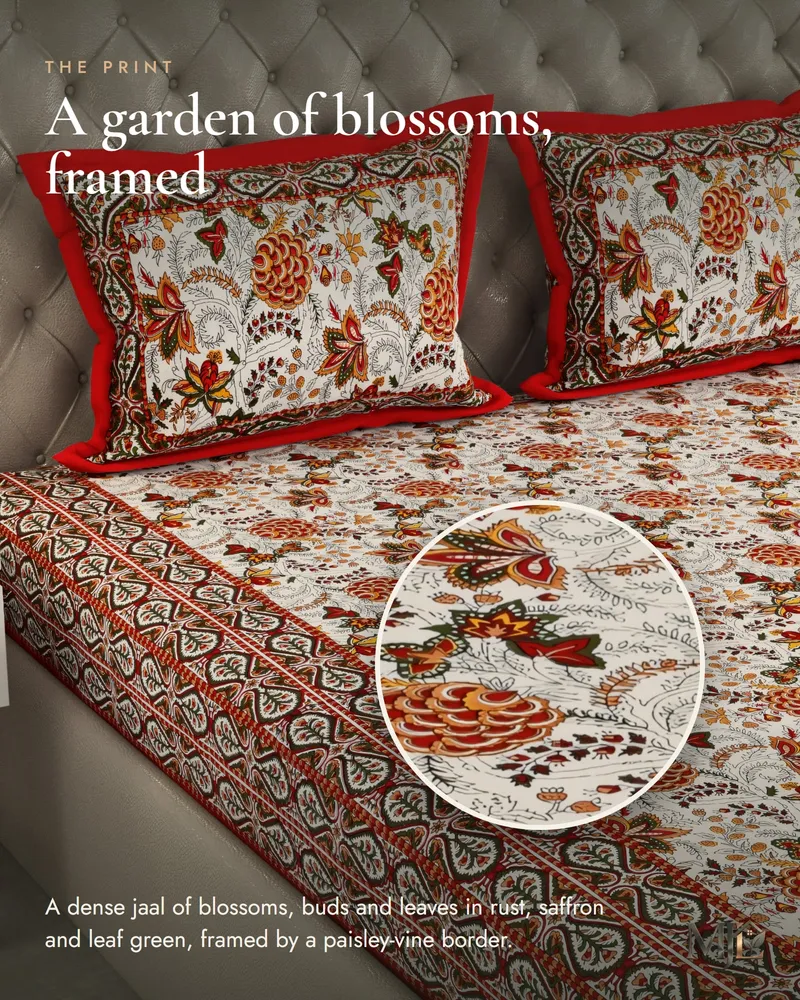 Rust Red Floral Jaal Bedsheet: Print close-up