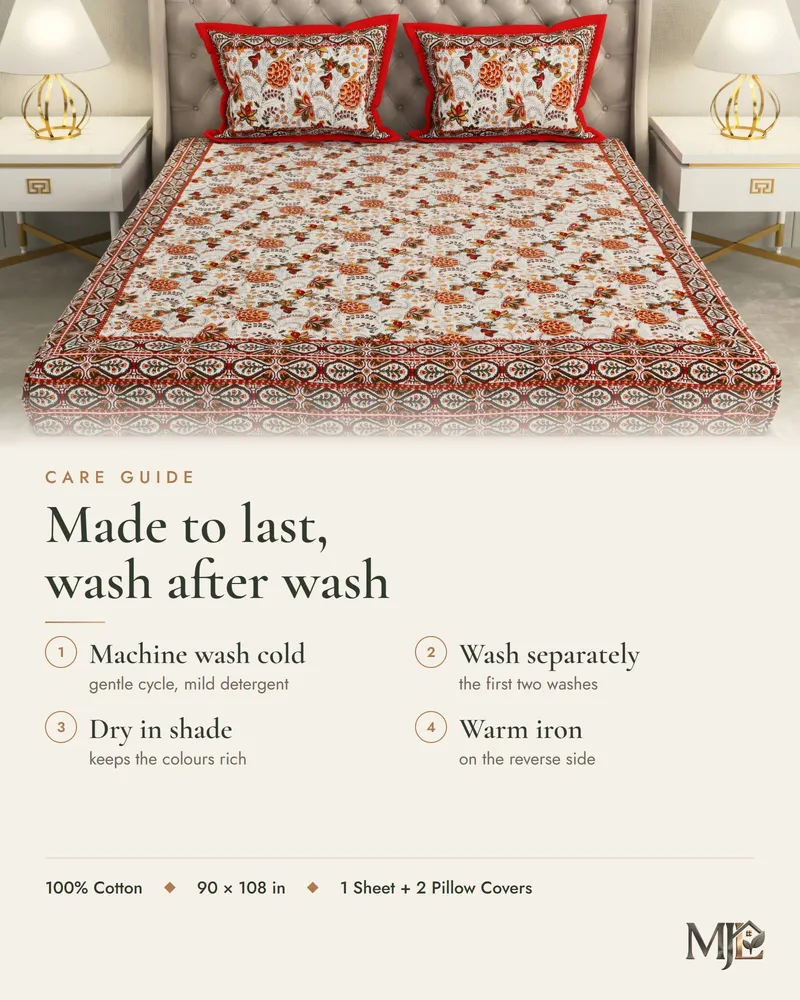 Care guide for Rust Red Floral Jaal Bedsheet