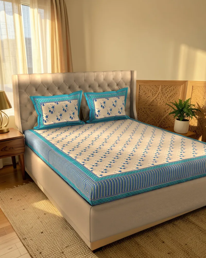 Blue Floral Medallion Bedsheet: In a room