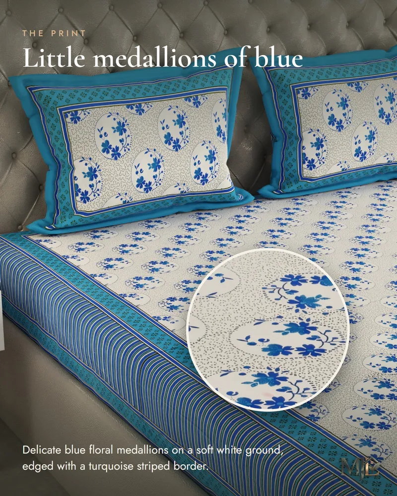 Blue Floral Medallion Bedsheet: Print close-up