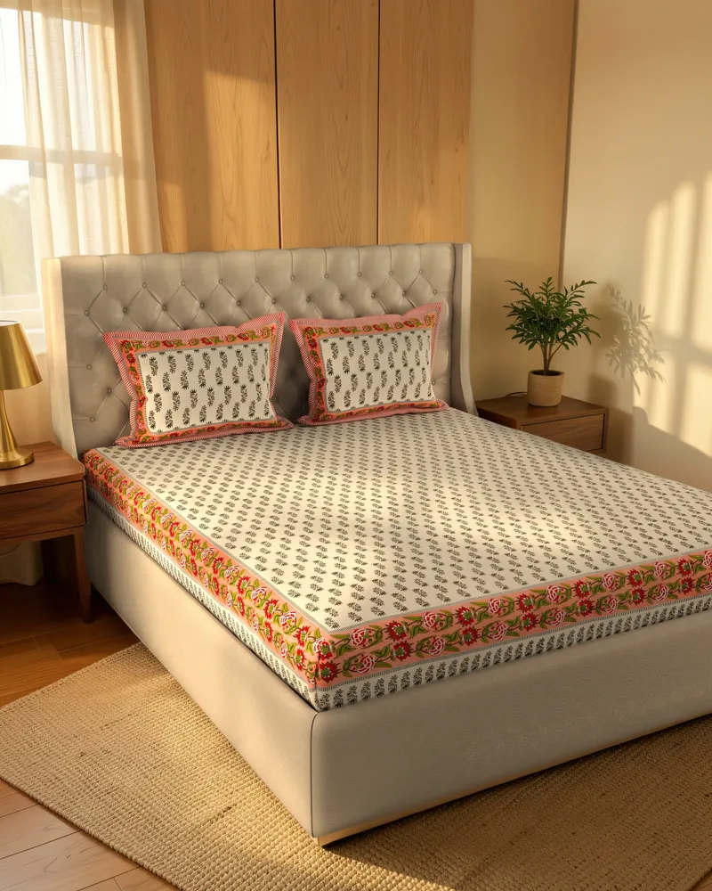 Coral Sanganeri Buti Bedsheet: In a room