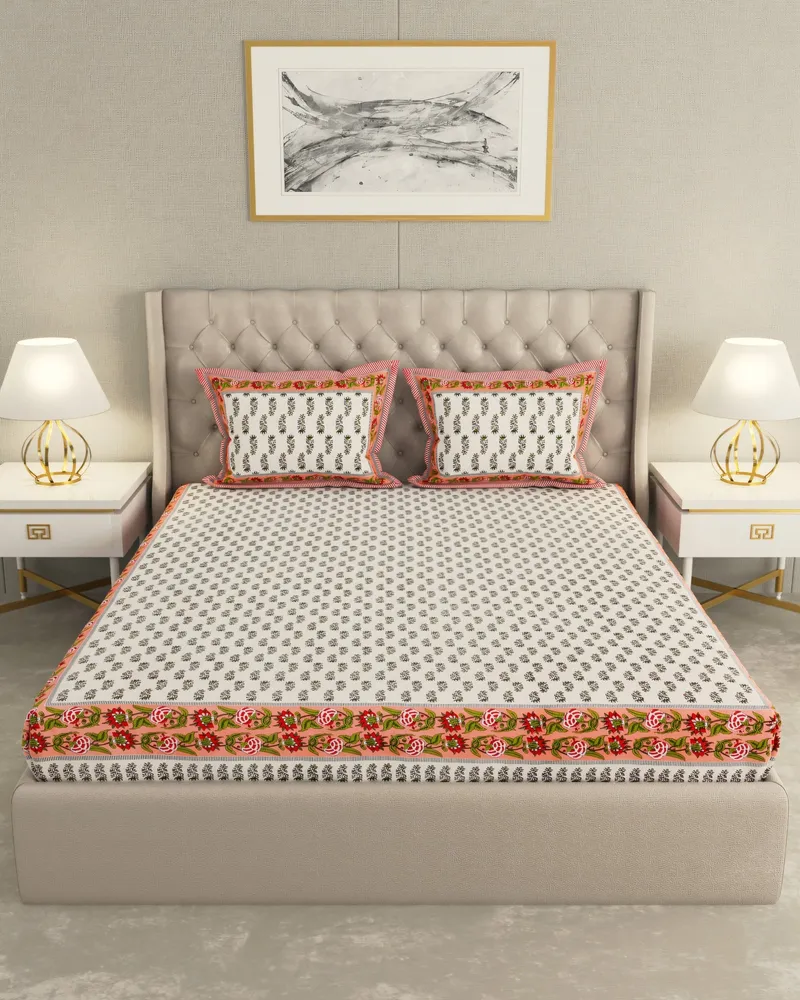 Coral Sanganeri Buti Bedsheet: Front view