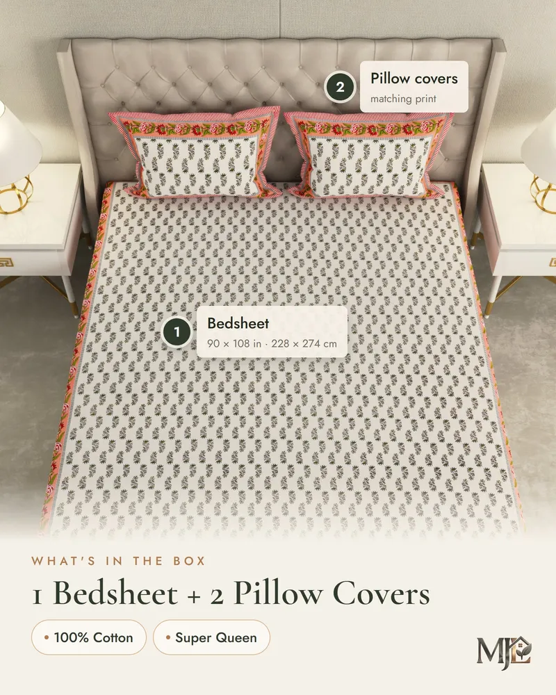 Coral Sanganeri Buti Bedsheet: What is in the set