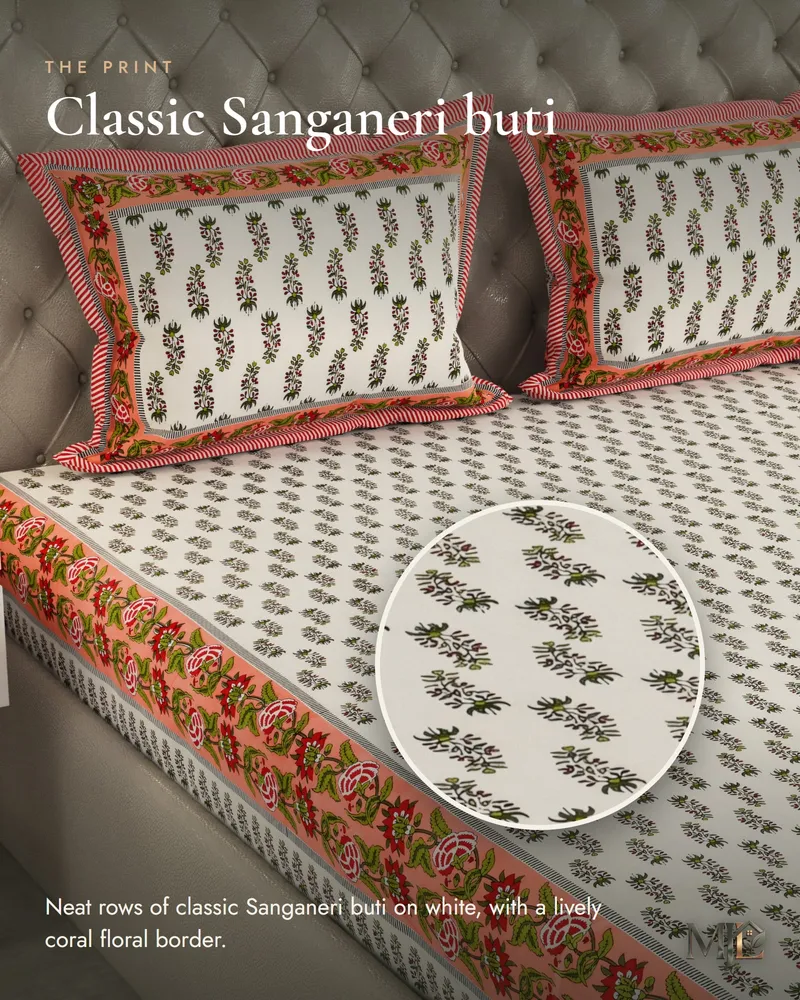 Coral Sanganeri Buti Bedsheet: Print close-up