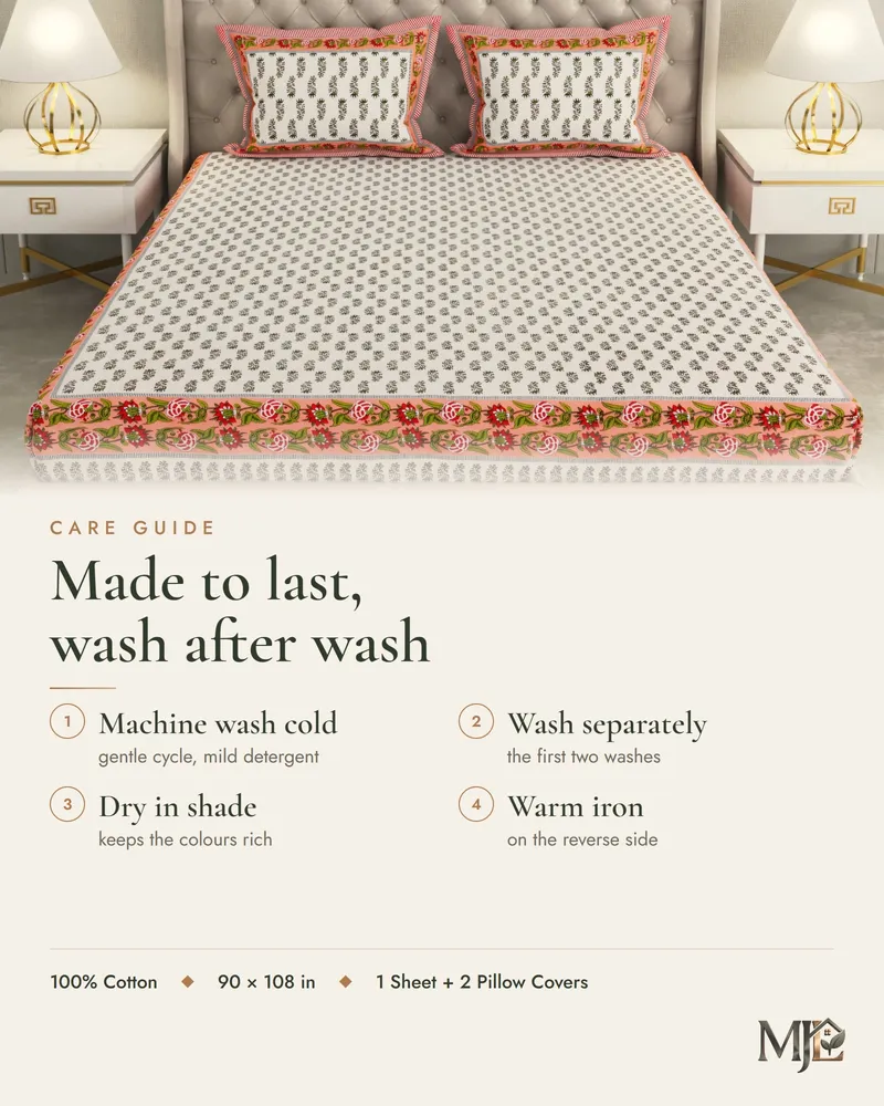 Care guide for Coral Sanganeri Buti Bedsheet