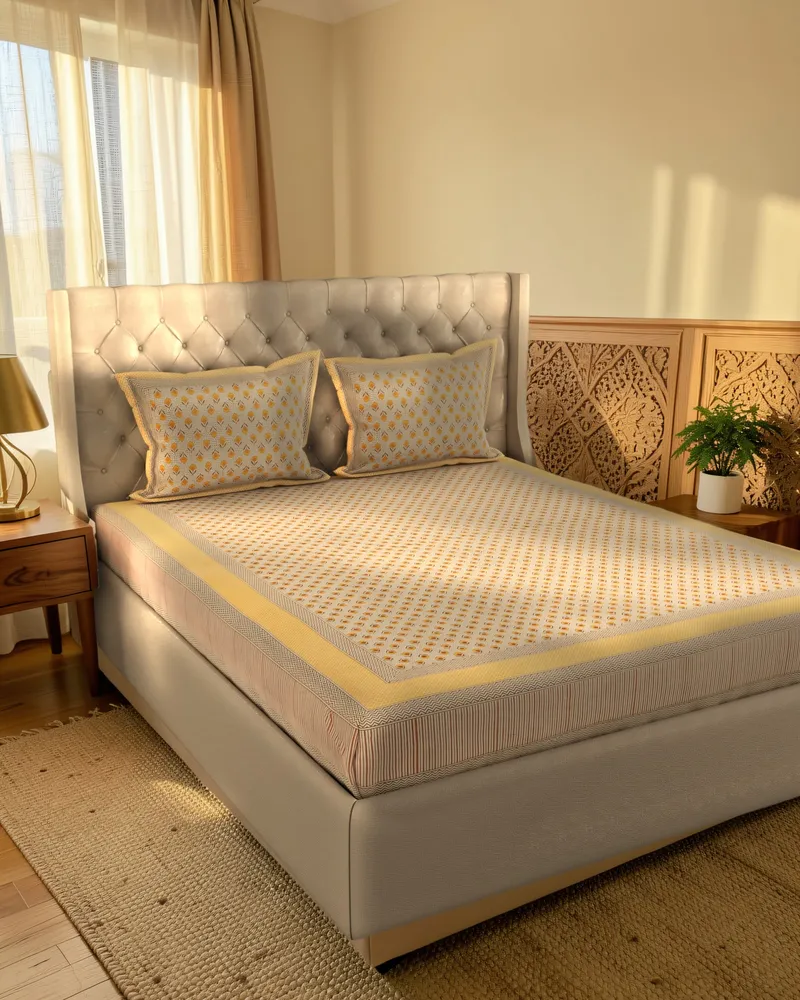 Sand & Saffron Buti Bedsheet: In a room